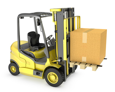 Yellow fork lift truck with large carton box